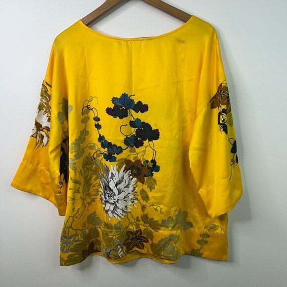 Soft Surroundings Yellow Floral Blouse Medium Satin Kimono Sleeve Tunic Top Boho - Picture 6 of 9